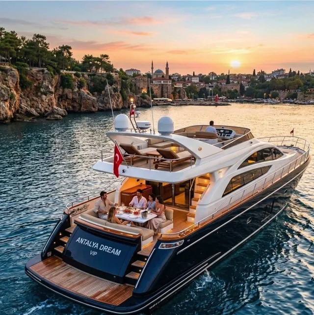 Motor yacht at sunset off the Antalya old town with four guests dining on the aft deck