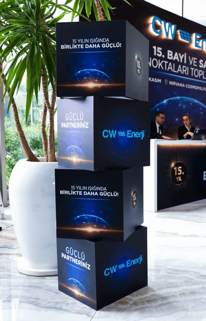 Stacked branded cube totem for the CW Enerji dealer meeting in Antalya