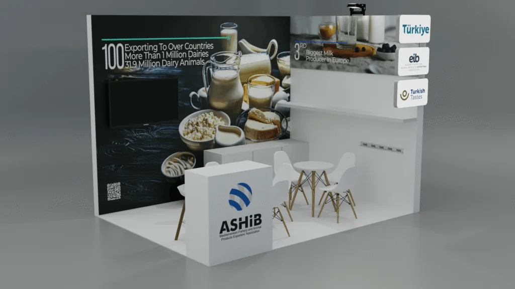 3D design visual of an exhibition stand for ASHİB with dairy product graphics and meeting table