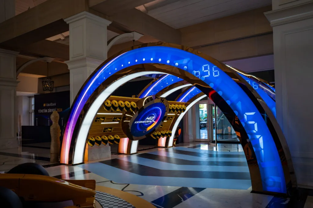 Illuminated LED arch entrance in a hotel lobby for the VakıfBank Management Summit at Titanic Deluxe Golf Belek, Antalya